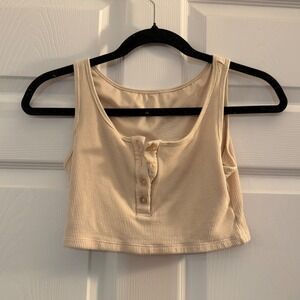 Klassy Network Henley Ribbed Crop Top Brami Beige Medium Minimalist Casual